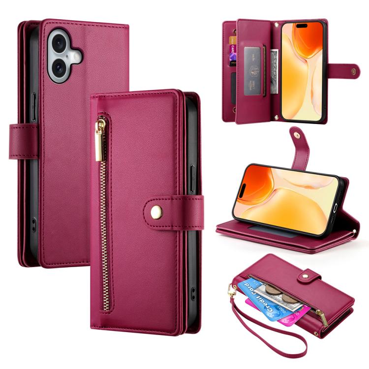 

For iPhone 17 Nine Card-slot Zipper Wallet Bag Leather Phone Case(Red)