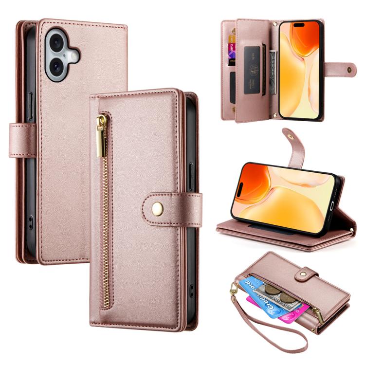 

For iPhone 17 Nine Card-slot Zipper Wallet Bag Leather Phone Case(Pink)