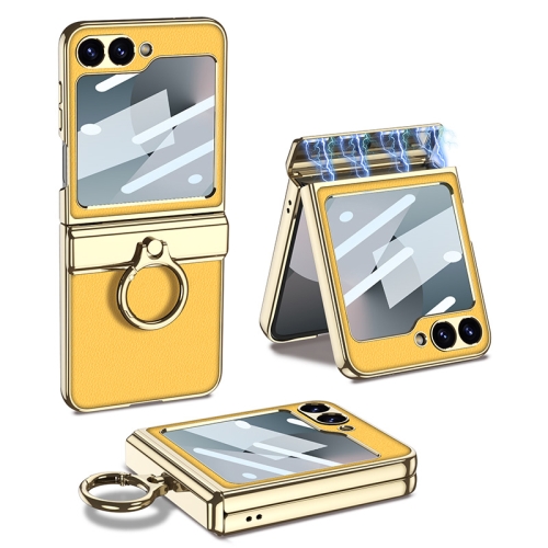 For Samsung Galaxy Z Flip6 GKK Integrated Electroplated Litchi Texture Leather Phone Case with Ring(Yellow)