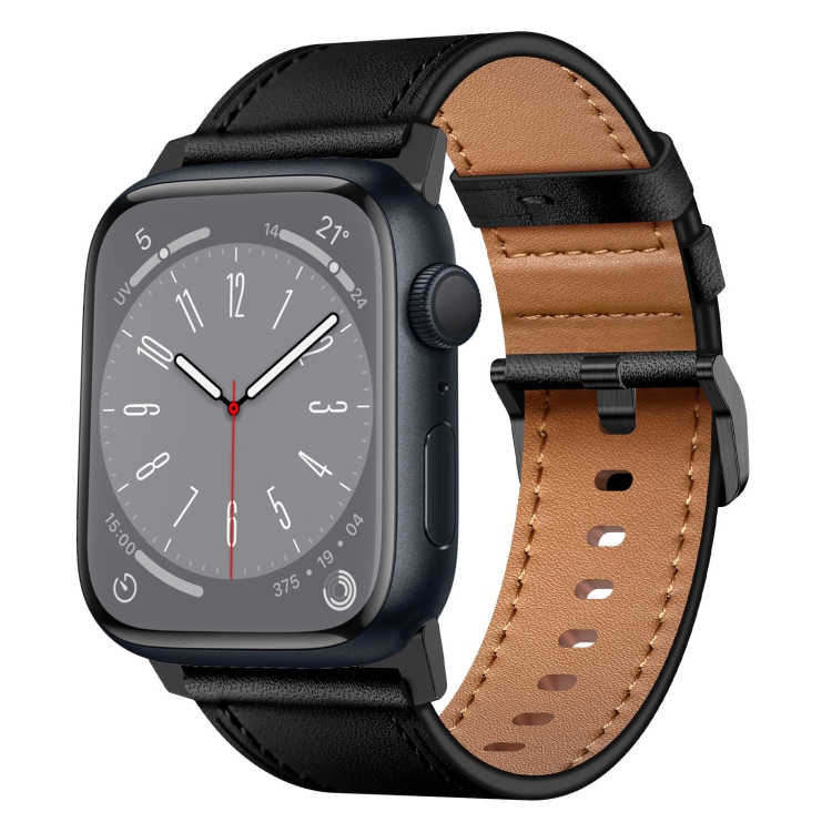 

For Apple Watch SE 2023 44mm Wilderness Top-grain Leather Watch Band(Black Connector Black)