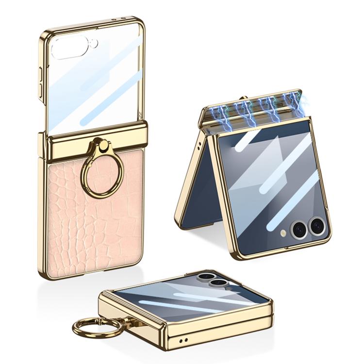 

For Samsung Galaxy Z Flip7 5G GKK Integrated Electroplated Crocodile Texture Leather Phone Case with Ring(Pink)