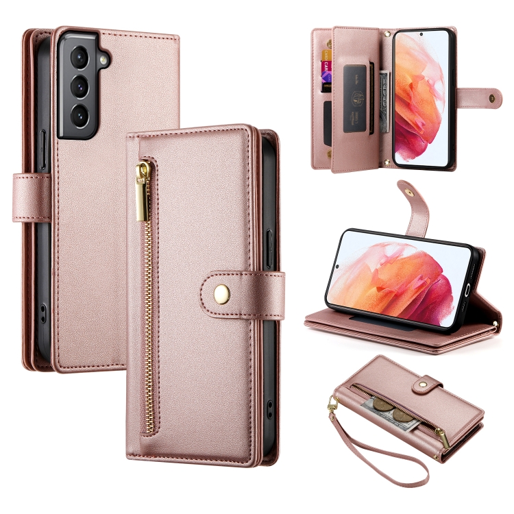 

For Samsung Galaxy S21 5G Nine Card-slot Zipper Wallet Bag Leather Phone Case(Pink)