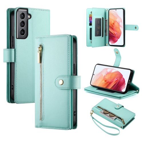 

For Samsung Galaxy S21 5G Nine Card-slot Zipper Wallet Bag Leather Phone Case(Mint Green)