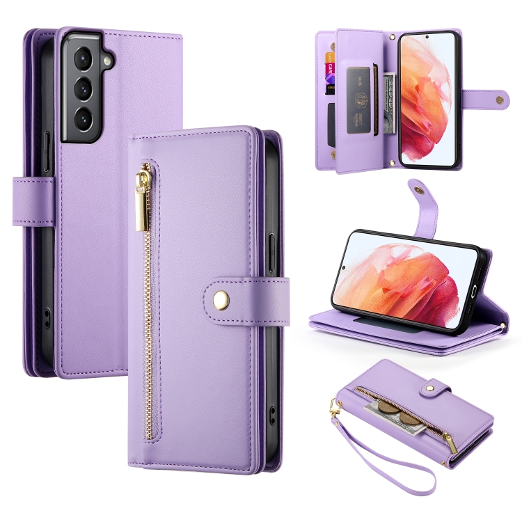 

For Samsung Galaxy S21 5G Nine Card-slot Zipper Wallet Bag Leather Phone Case(Purple)