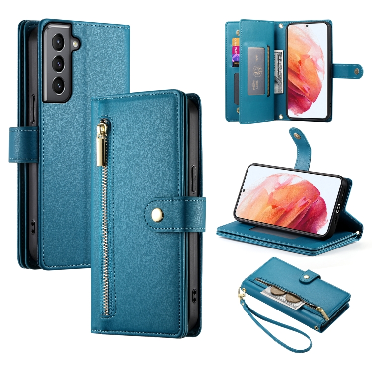 For Samsung Galaxy S21 5G Nine Card-slot Zipper Wallet Bag Leather Phone Case(Blue)