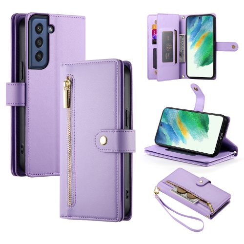 

For Samsung Galaxy S21 FE 5G Nine Card-slot Zipper Wallet Bag Leather Phone Case(Purple)