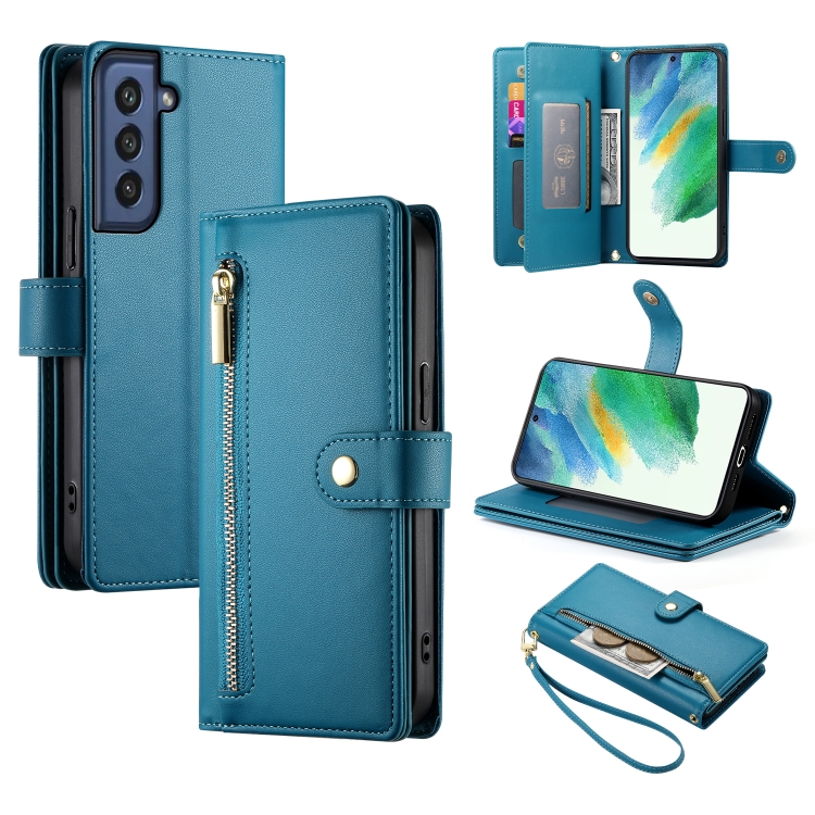 

For Samsung Galaxy S21 FE 5G Nine Card-slot Zipper Wallet Bag Leather Phone Case(Blue)