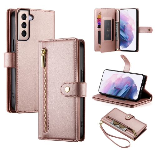 

For Samsung Galaxy S21+ 5G Nine Card-slot Zipper Wallet Bag Leather Phone Case(Pink)