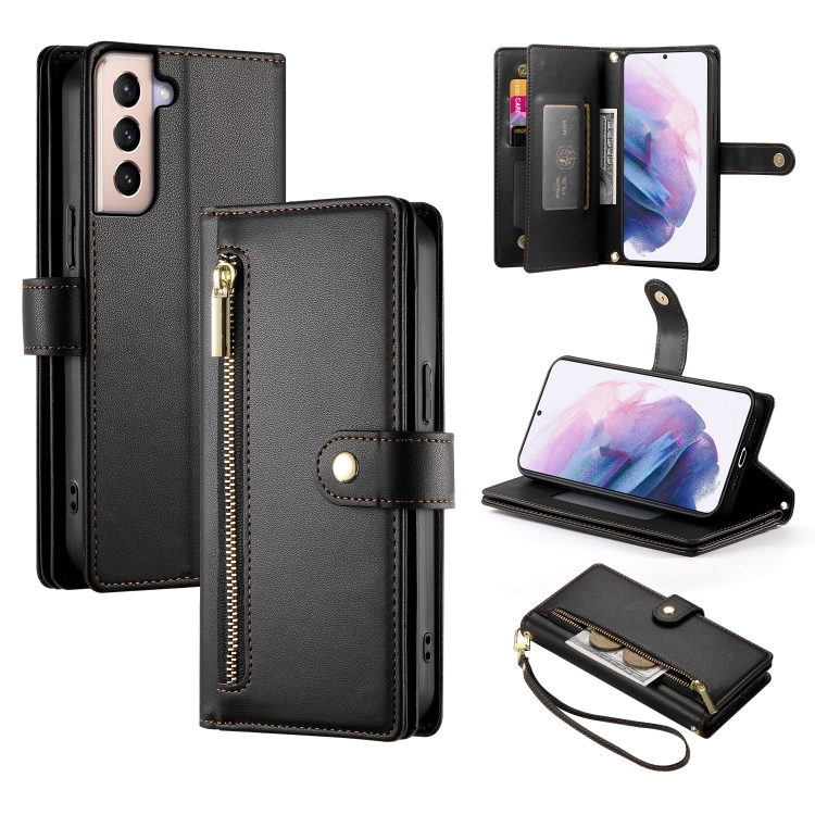 

For Samsung Galaxy S21+ 5G Nine Card-slot Zipper Wallet Bag Leather Phone Case(Black)