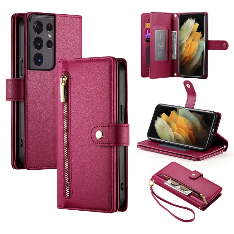 

For Samsung Galaxy S21 Ultra 5G Nine Card-slot Zipper Wallet Bag Leather Phone Case(Red)