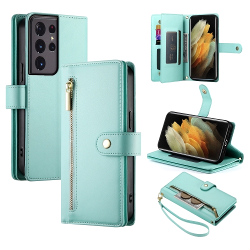 

For Samsung Galaxy S21 Ultra 5G Nine Card-slot Zipper Wallet Bag Leather Phone Case(Mint Green)