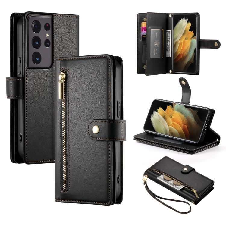 

For Samsung Galaxy S21 Ultra 5G Nine Card-slot Zipper Wallet Bag Leather Phone Case(Black)