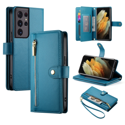 

For Samsung Galaxy S21 Ultra 5G Nine Card-slot Zipper Wallet Bag Leather Phone Case(Blue)