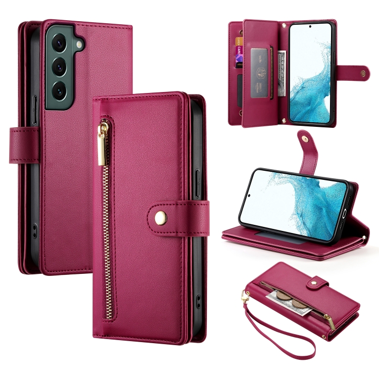 

For Samsung Galaxy S22 5G Nine Card-slot Zipper Wallet Bag Leather Phone Case(Red)