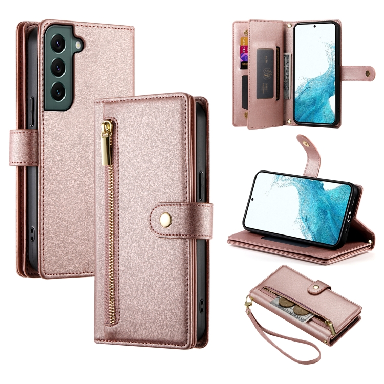 For Samsung Galaxy S22 5G Nine Card-slot Zipper Wallet Bag Leather Phone Case(Pink) — купить у Sunsky-online WW