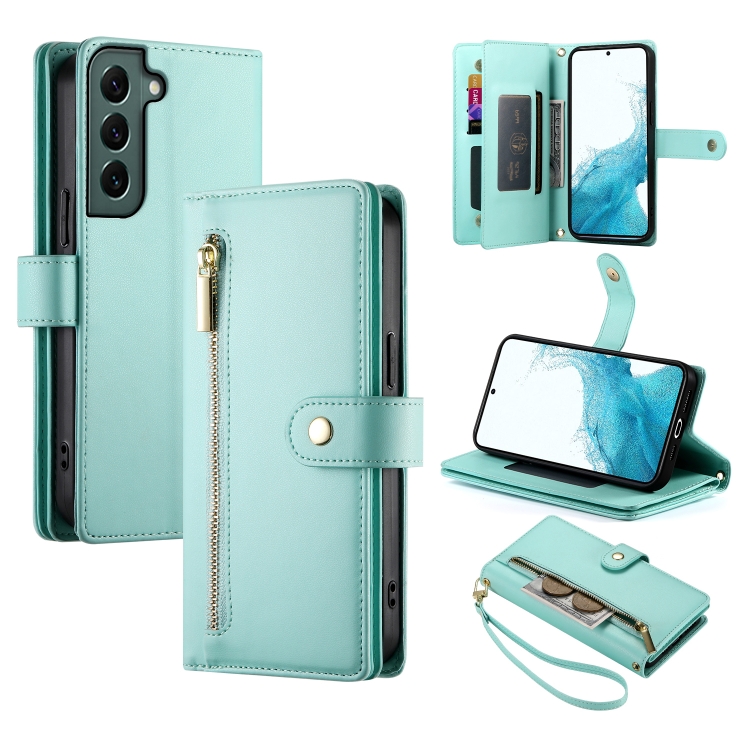 

For Samsung Galaxy S22 5G Nine Card-slot Zipper Wallet Bag Leather Phone Case(Mint Green)