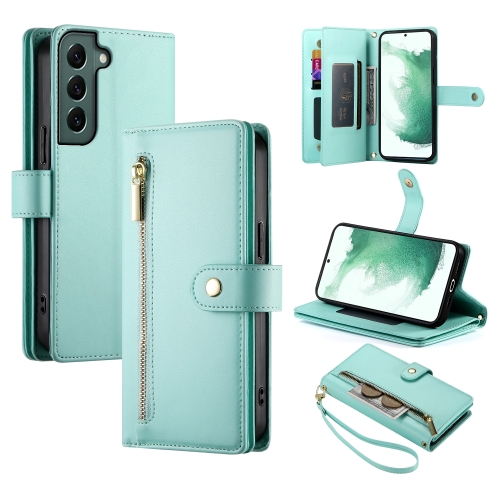 

For Samsung Galaxy S22+ 5G Nine Card-slot Zipper Wallet Bag Leather Phone Case(Mint Green)