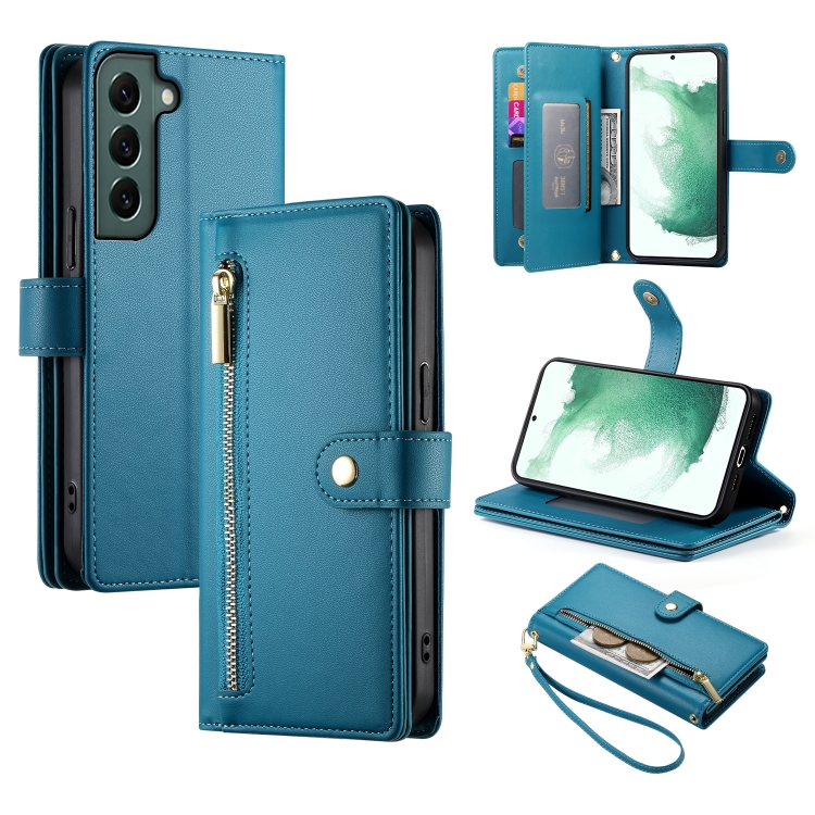 

For Samsung Galaxy S22+ 5G Nine Card-slot Zipper Wallet Bag Leather Phone Case(Blue)