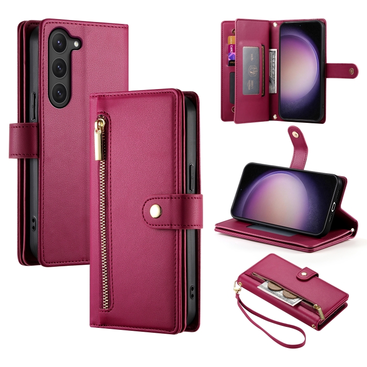 

For Samsung Galaxy S23 5G Nine Card-slot Zipper Wallet Bag Leather Phone Case(Red)