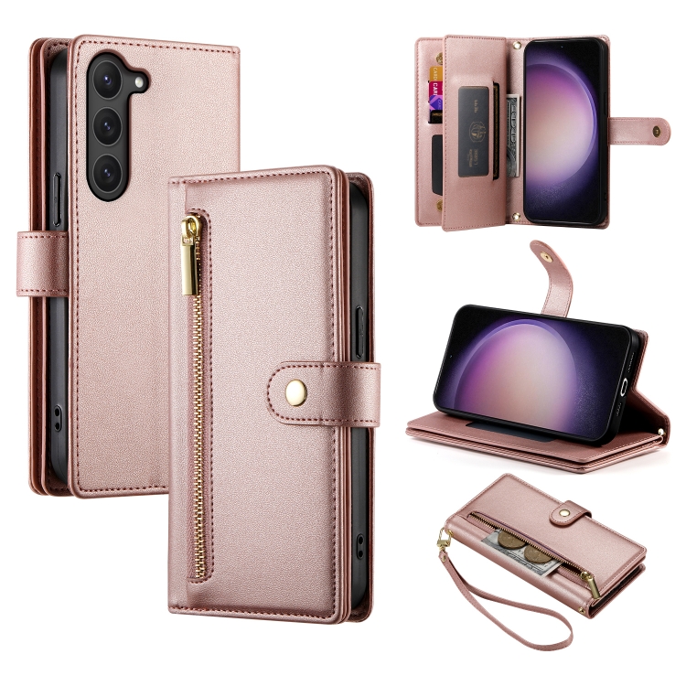 

For Samsung Galaxy S23 5G Nine Card-slot Zipper Wallet Bag Leather Phone Case(Pink)