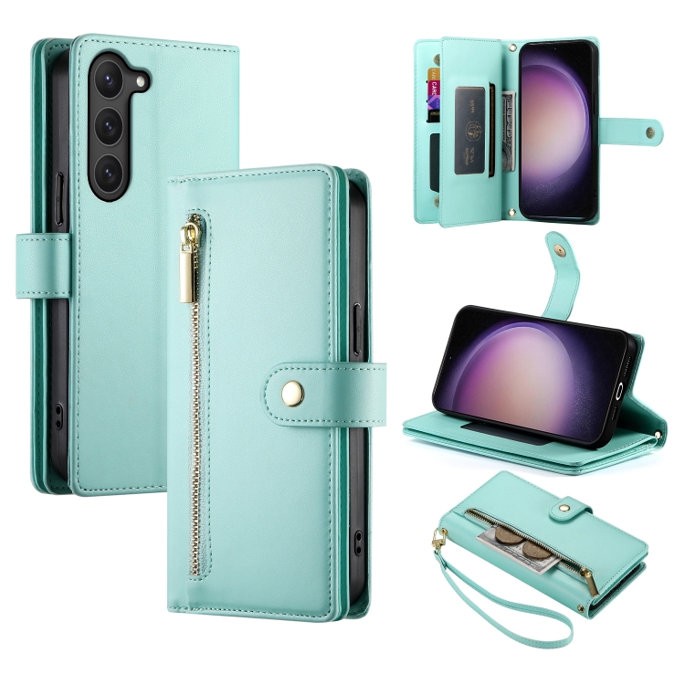 

For Samsung Galaxy S23 5G Nine Card-slot Zipper Wallet Bag Leather Phone Case(Mint Green)