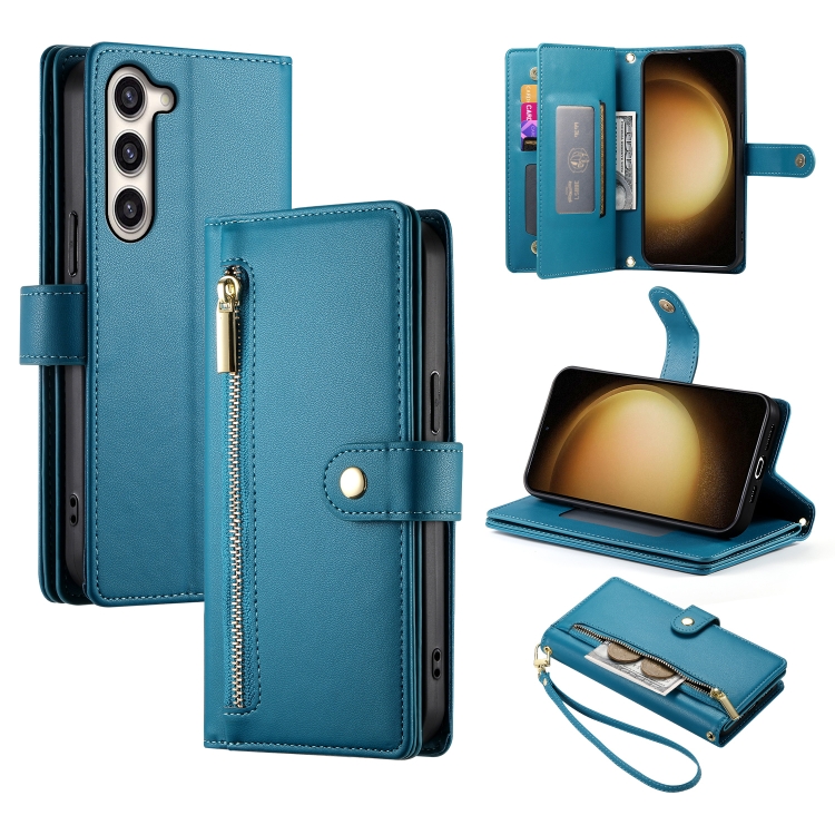 

For Samsung Galaxy S23+ 5G Nine Card-slot Zipper Wallet Bag Leather Phone Case(Blue)