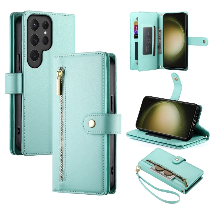 

For Samsung Galaxy S23 Ultra 5G Nine Card-slot Zipper Wallet Bag Leather Phone Case(Mint Green)