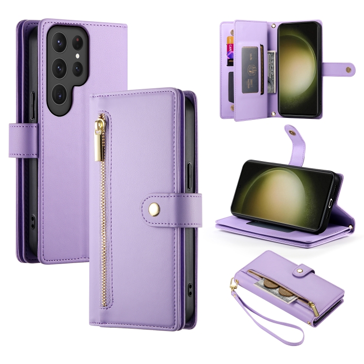

For Samsung Galaxy S23 Ultra 5G Nine Card-slot Zipper Wallet Bag Leather Phone Case(Purple)