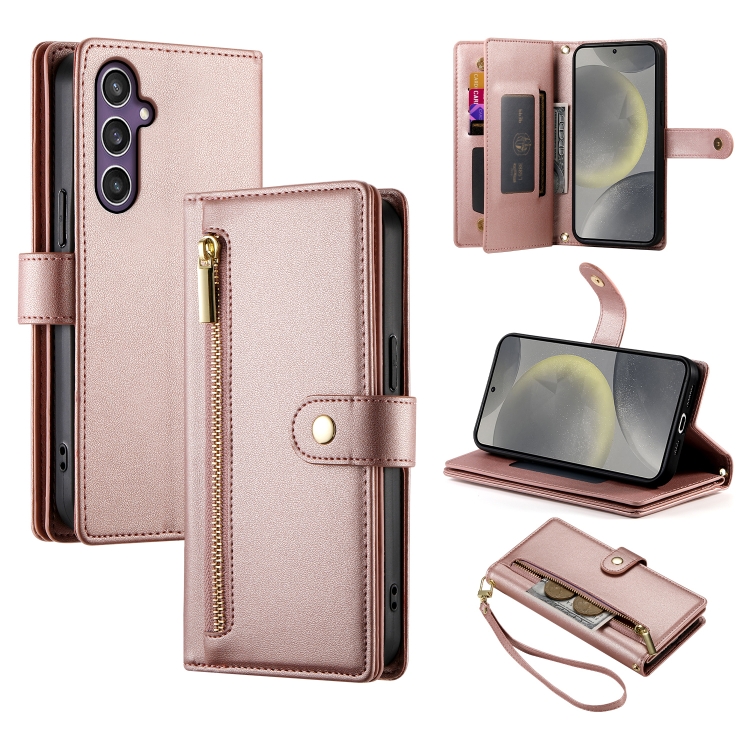 For Samsung Galaxy S24 5G Nine Card-slot Zipper Wallet Bag Leather Phone Case(Pink)