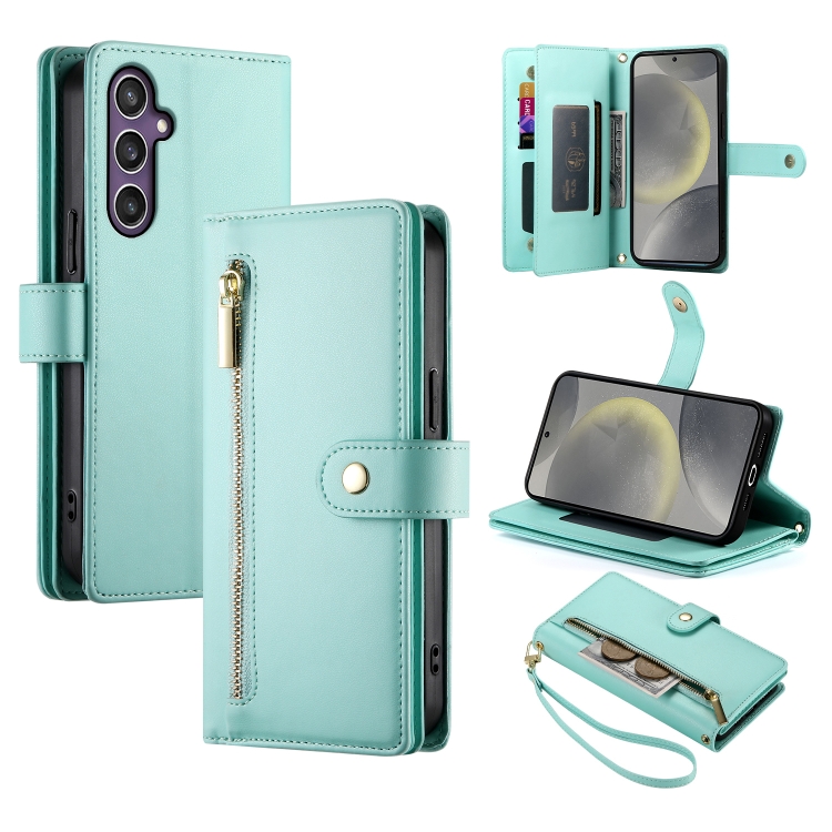 

For Samsung Galaxy S24 5G Nine Card-slot Zipper Wallet Bag Leather Phone Case(Mint Green)