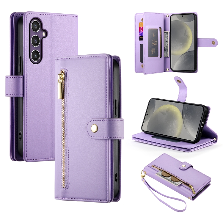 

For Samsung Galaxy S24 5G Nine Card-slot Zipper Wallet Bag Leather Phone Case(Purple)
