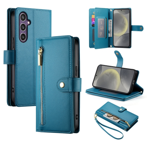 

For Samsung Galaxy S24 5G Nine Card-slot Zipper Wallet Bag Leather Phone Case(Blue)