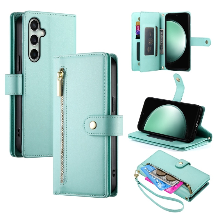 

For Samsung Galaxy S24 FE 5G Nine Card-slot Zipper Wallet Bag Leather Phone Case(Mint Green)