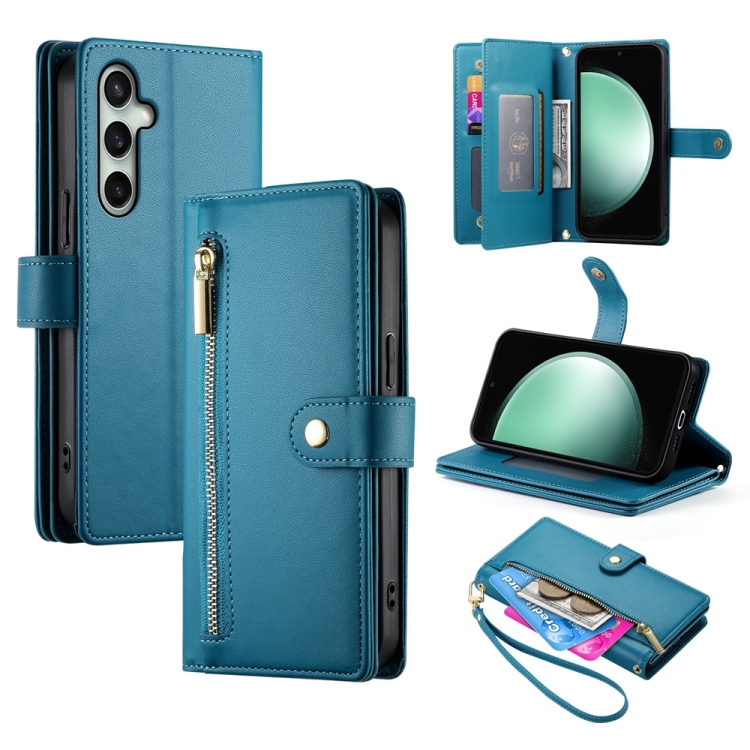 

For Samsung Galaxy S24 FE 5G Nine Card-slot Zipper Wallet Bag Leather Phone Case(Blue)