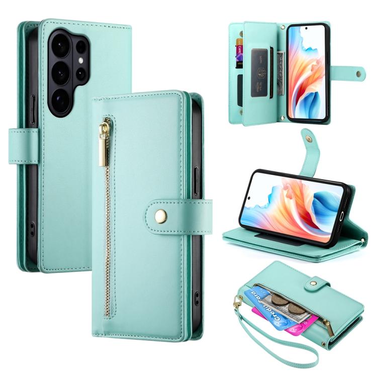 

For Samsung Galaxy S26 Ultra 5G Nine Card-slot Zipper Wallet Bag Leather Phone Case(Mint Green)