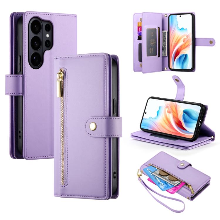 

For Samsung Galaxy S26 Ultra 5G Nine Card-slot Zipper Wallet Bag Leather Phone Case(Purple)