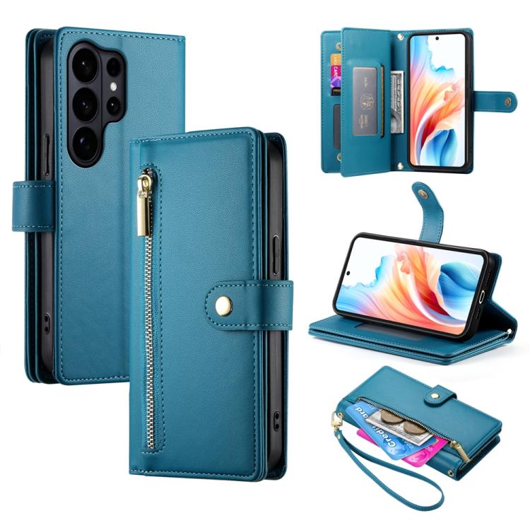 

For Samsung Galaxy S26 Ultra 5G Nine Card-slot Zipper Wallet Bag Leather Phone Case(Blue)
