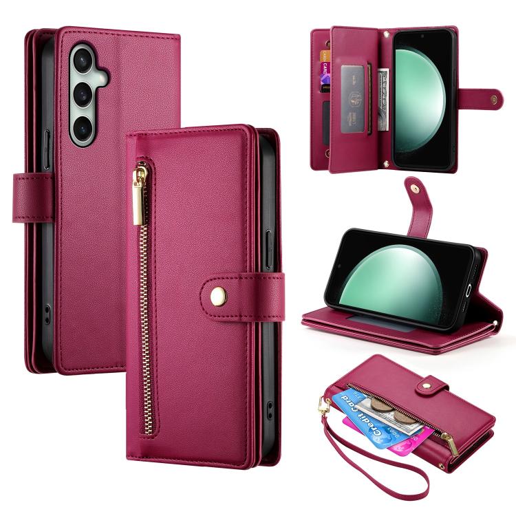 For Galaxy S26 FE 5G Nine Card-slot Zipper Wallet Bag Leather Phone Case(Red)