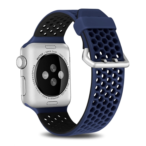 

For Apple Watch Ultra 49mm / Series 8&7 45mm / SE 2&6&SE&5&4 44mm / 3&2&1 42mm Two-tone Honeycomb Breathable Silicone Watch Band(Blue Black)