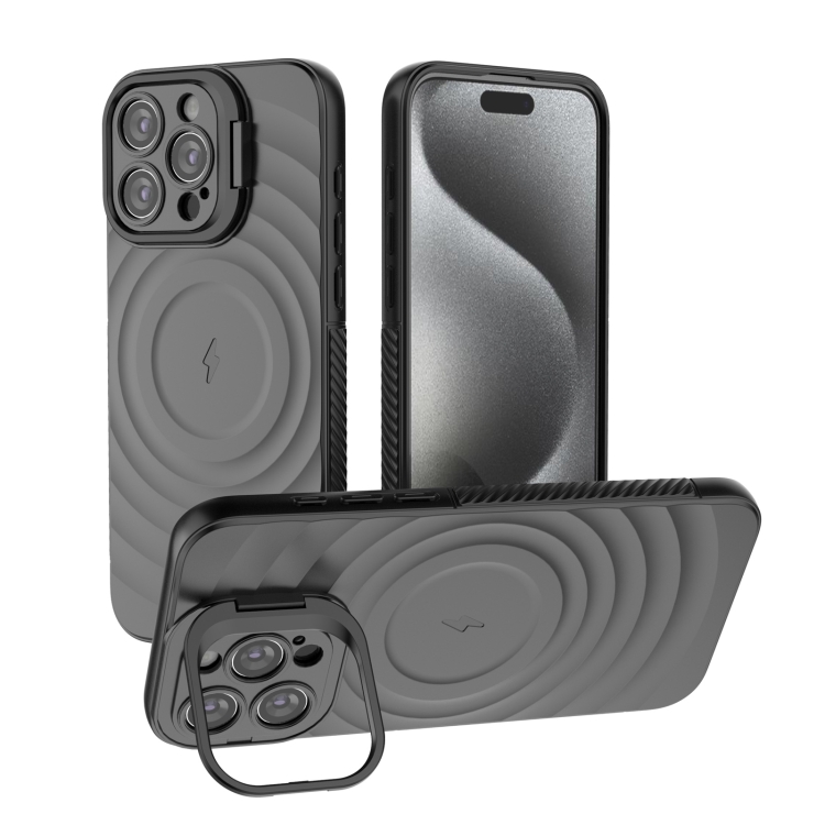 

For iPhone 15 Pro Max Lens Frame Bracket Corrugated MagSafe Phone Case(Black)