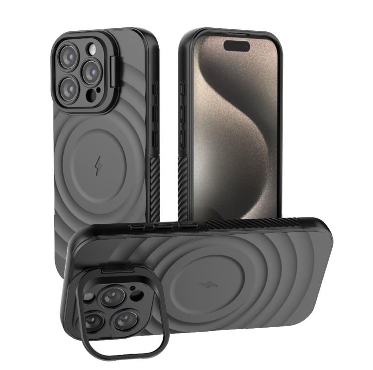 

For iPhone 16 Pro Lens Frame Bracket Corrugated MagSafe Phone Case(Black)