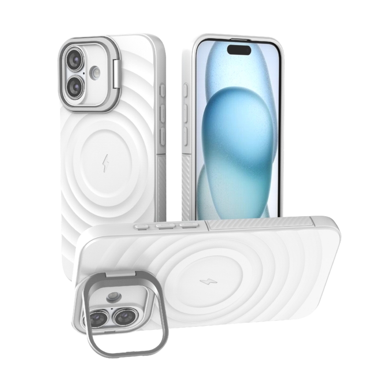 

For iPhone 16 Plus Lens Frame Bracket Corrugated MagSafe Phone Case(White)