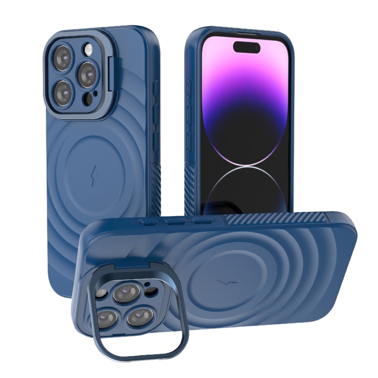 

For iPhone 15 Pro Lens Frame Bracket Corrugated MagSafe Phone Case(Dark Blue)