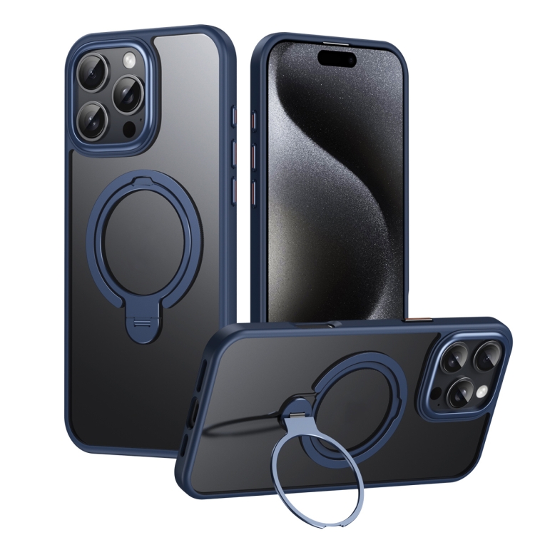 

For iPhone 16 Pro Double Ring MagSafe Magnetic Holder Phone Case(Matte Blue)