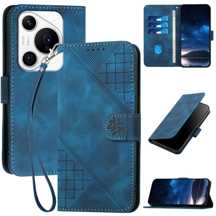 

For Huawei Pura 70 Pro / 70 Pro+ YX0080 Grid Butterfly Embossed Pattern Flip Leather Phone Case with Lanyard(Dark Blue)