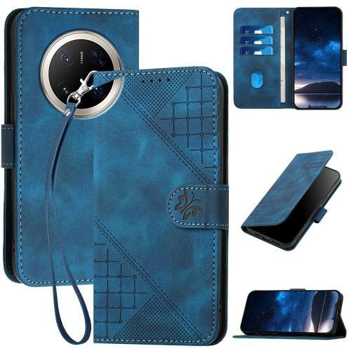 

For Huawei Mate 70 Pro / Mate 70 Pro+ Grid Butterfly Embossed Pattern Leather Phone Case with Lanyard(Dark Blue)