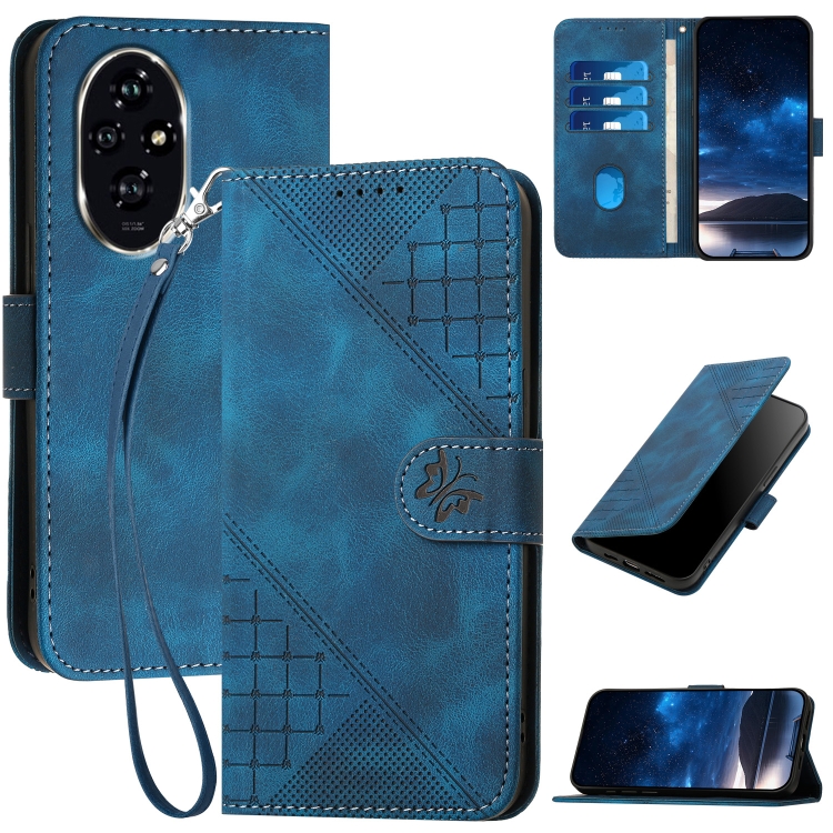 

For Honor 200 Global YX0080 Grid Butterfly Embossed Pattern Flip Leather Phone Case with Lanyard(Dark Blue)
