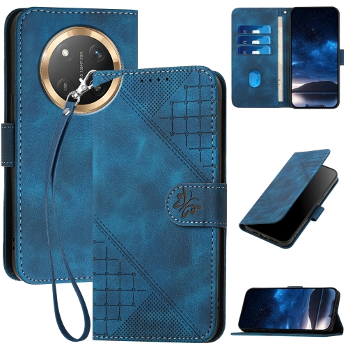 

For Honor X9c Global Grid Butterfly Embossed Pattern Leather Phone Case with Lanyard(Dark Blue)