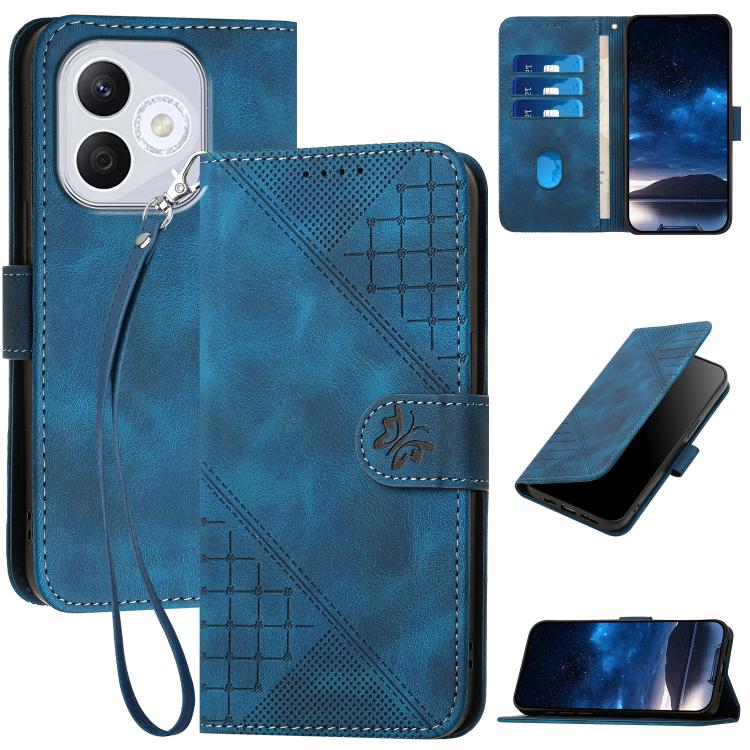 

For Honor 400 Lite Grid Butterfly Embossed Pattern Leather Phone Case with Lanyard(Dark Blue)