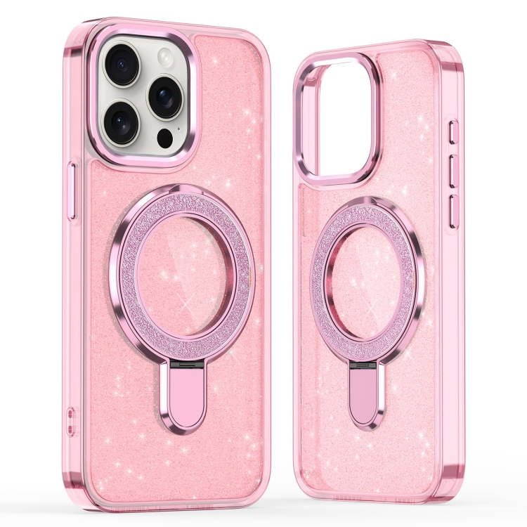 

For iPhone 16 Pro Glitter Ring Holder MagSafe Phone Case(Pink)